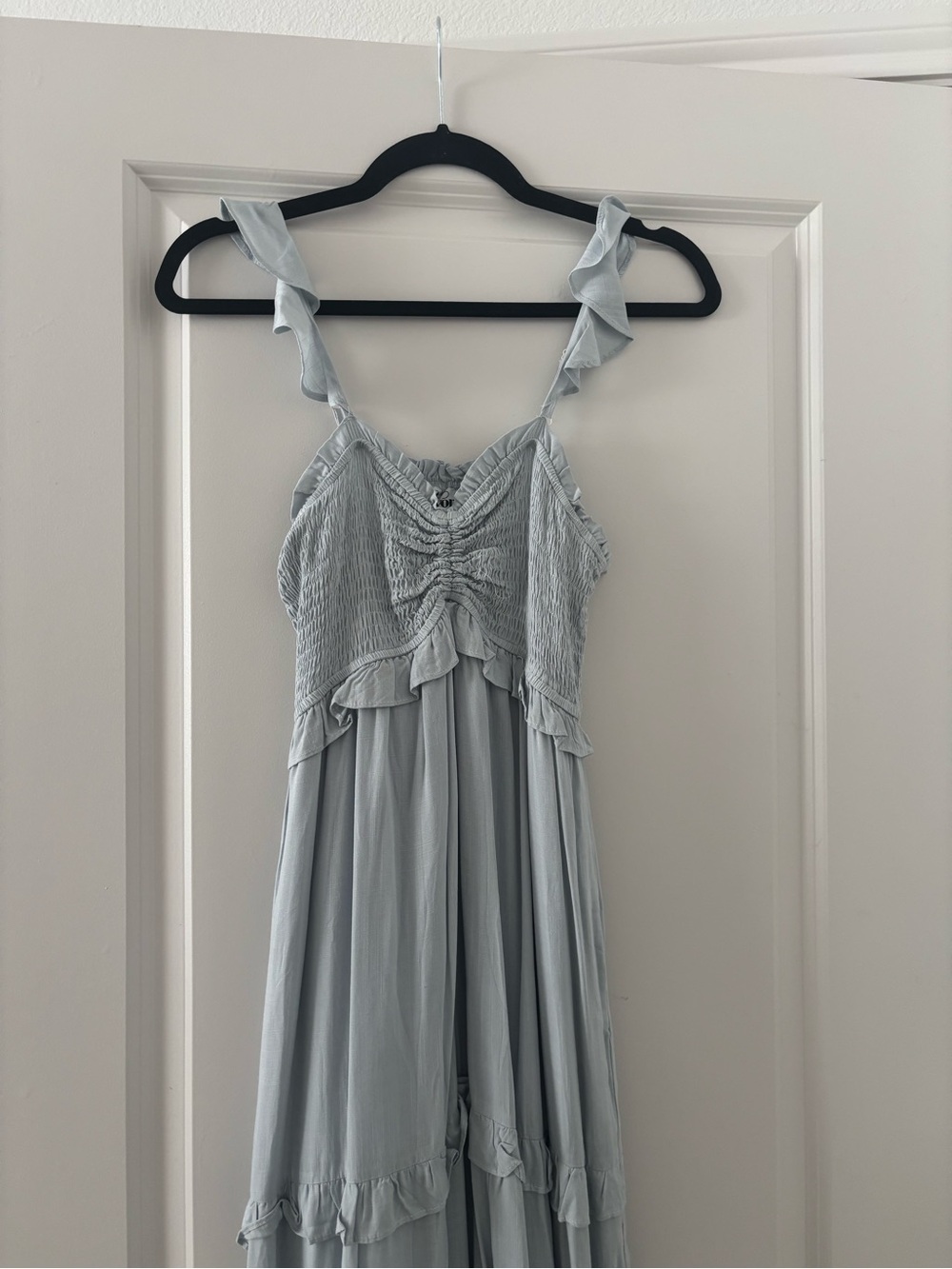 Light Blue Ruffle-Trim Midi Dress with Smocked Bodice